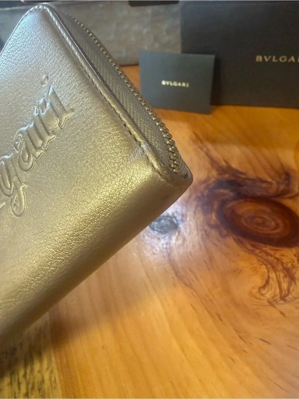 Bulgari Metallic Gold Zip Wallet with original box & cards